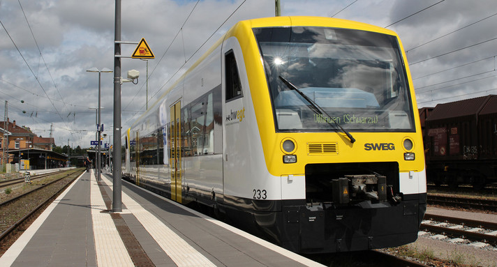 Netz 15 Ringzug Ein Zug des Typs Regioshuttle 1 steht an einem Bahnsteig.