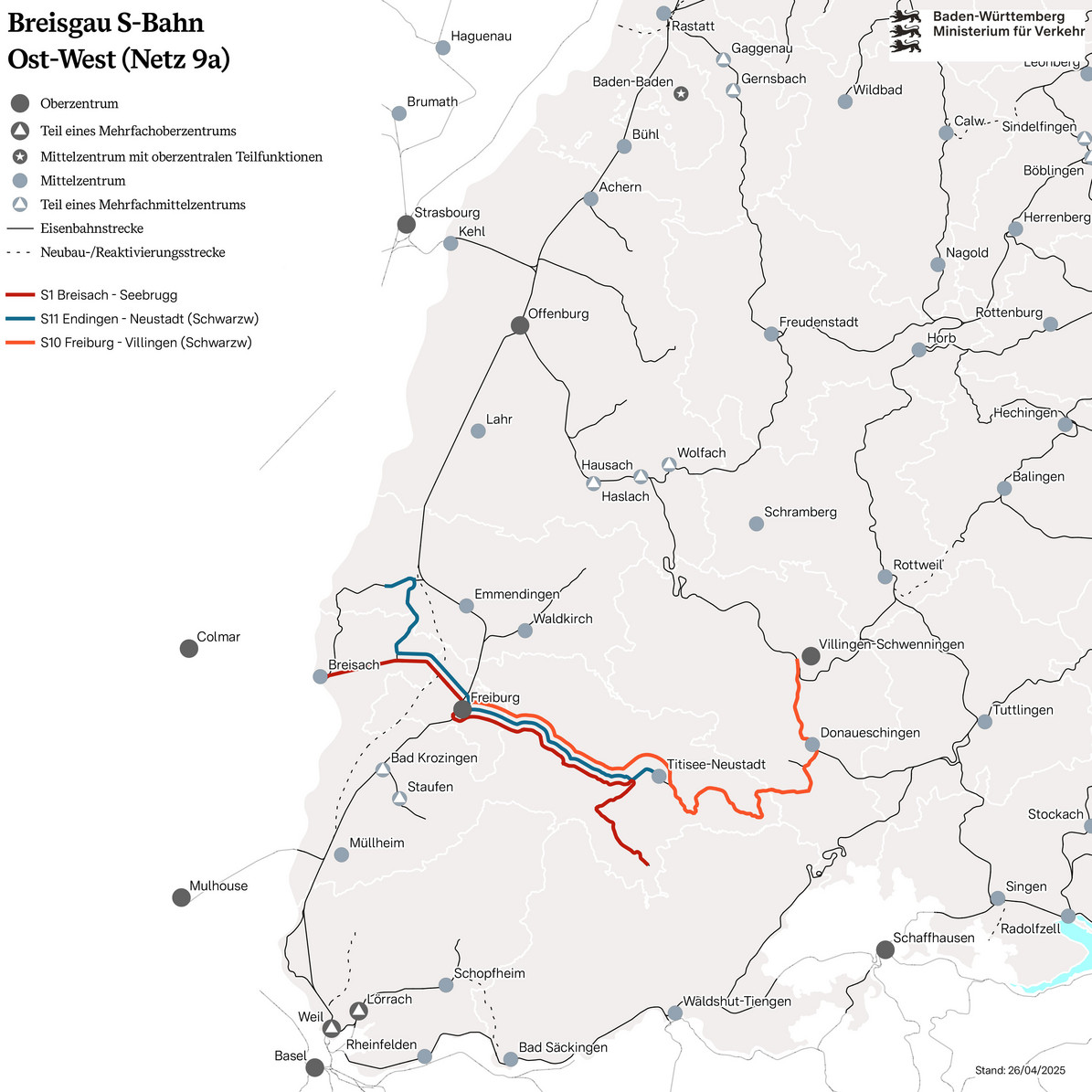 Karte des Netzes 9a Breisgau Ost-West. Eingezeichnet sind die Linien S1 Breisach - Seebrugg, S11 Endingen - Neustadt (Schwarzwald), S10 Freiburg - Villingen (Schwarzwald).