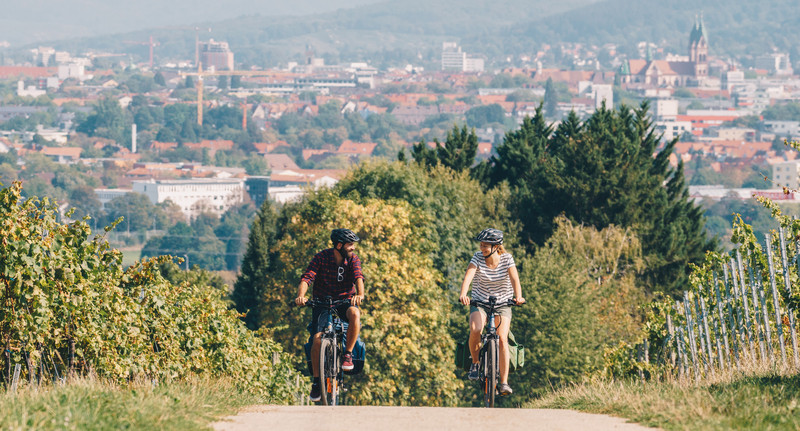 Radfahrer auf dem Badischen Weinradweg in den Reben oberhalb von Freiburg - Sankt Georgen mit Blick auf die Stadt Freiburg.