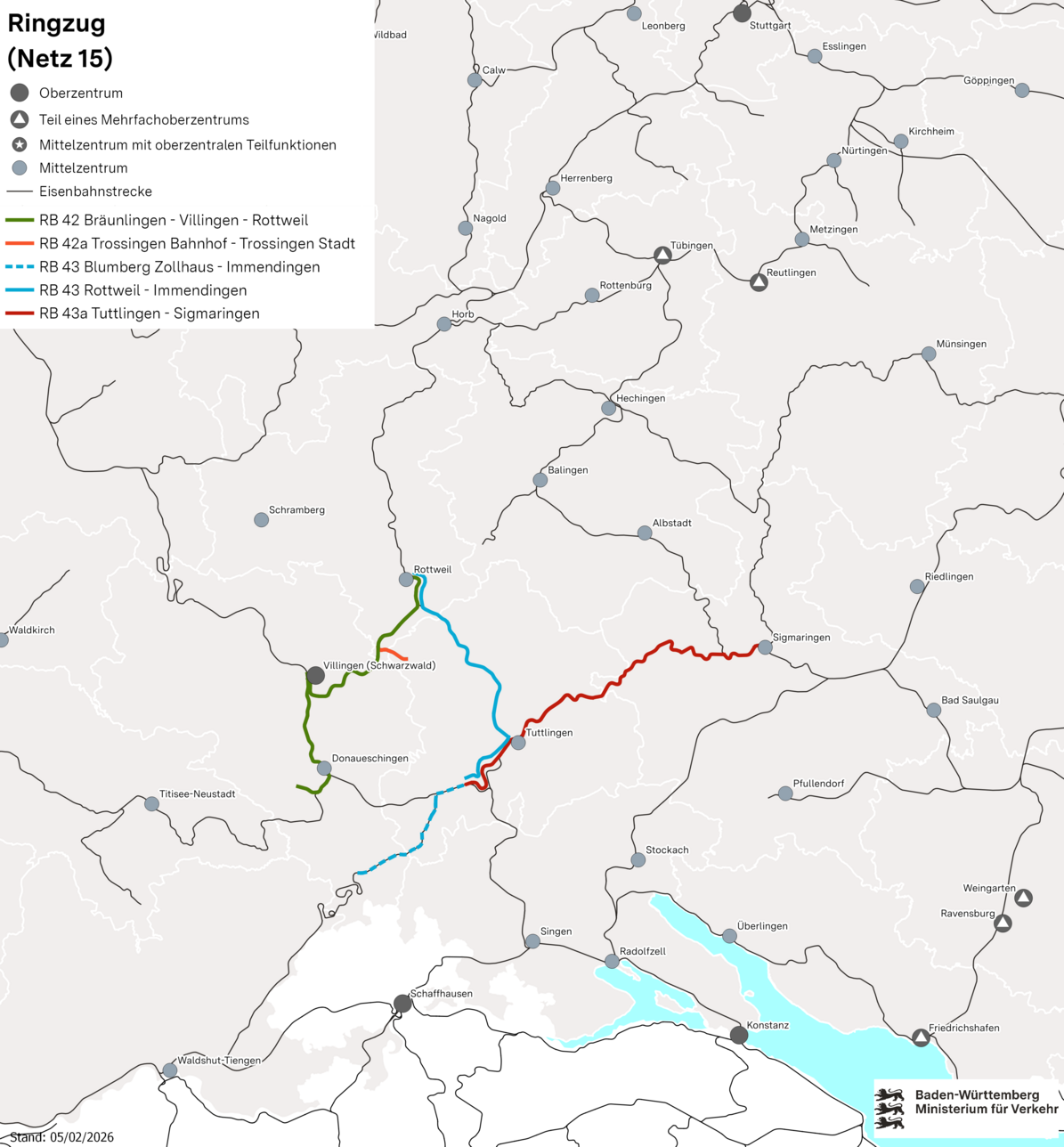 Karte des Netzes 15: Ringzug. Eingezeichnet sind die Linien RB 42 Bräunlingen – Donaueschingen – Villingen – Rottweil, RB 42a Trossingen Bahnhof – Trossingen Stadt, RB 43 Rottweil – Tuttlingen – Immendingen, RB 43 Immendingen – Blumberg Zollhaus, RB 43a Tuttlingen – Fridingen.