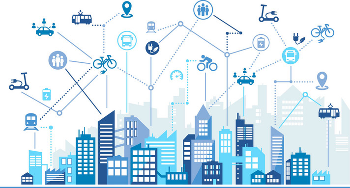 Gezeichnete Skyline einer fiktiven Stadt mit Piktogrammen von Bus, Bahn, E-Scooter, die über den Häusern schweben.
