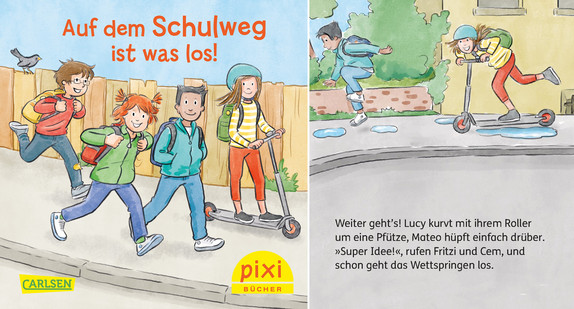 Cover des Pixi-Buches "Auf dem Schulweg ist was los!" und eine Buchseite. Kinder, die fröhlich auf dem Weg zur Schule sind - mit dem Rad, zu Fuß oder mit dem Roller.