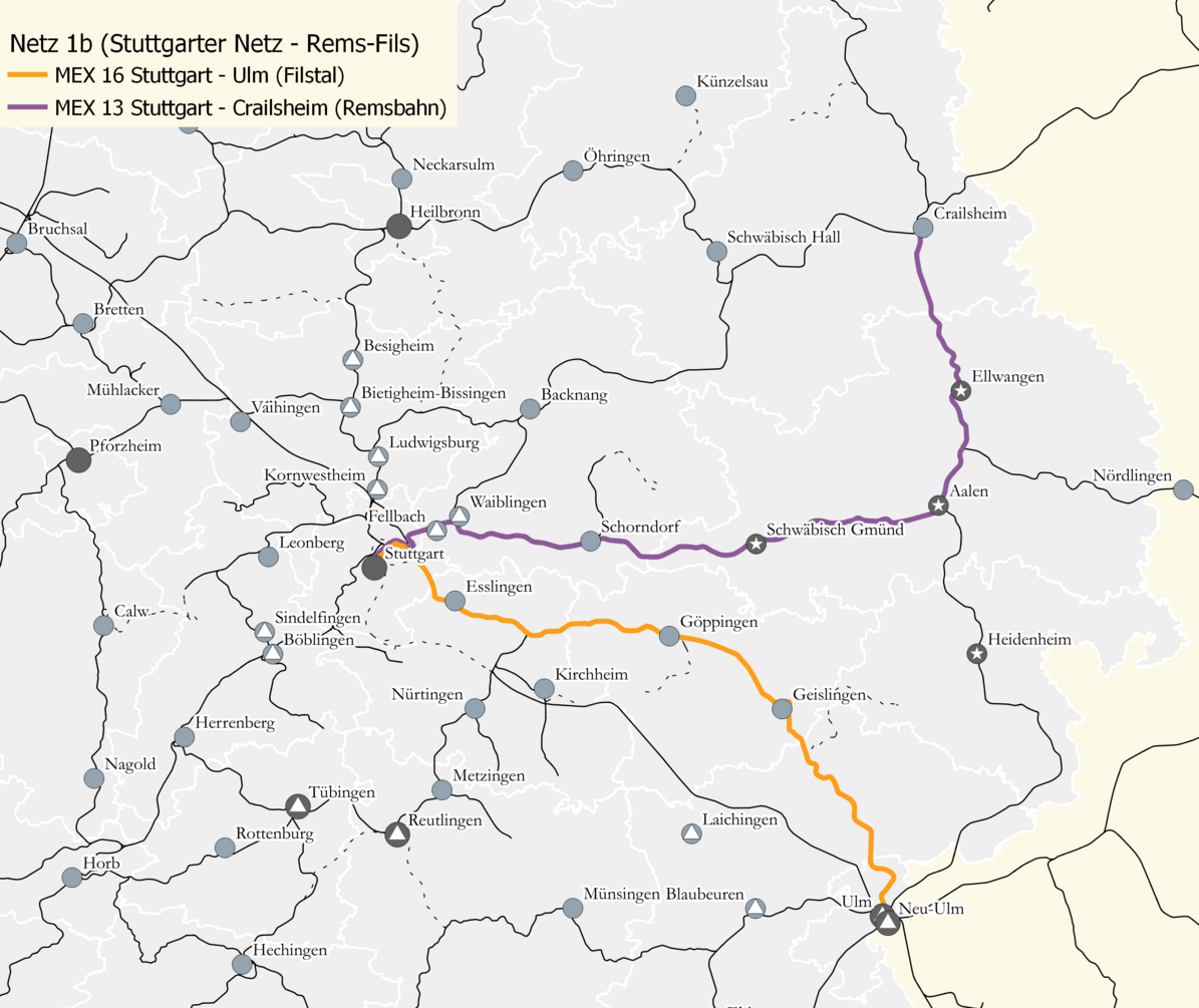 Baden-Württemberg Karte mit Bahnlinien des Stuttgart netzes Rems-Filz in Richtung Stuttgart, Ulm und Crailsheim.