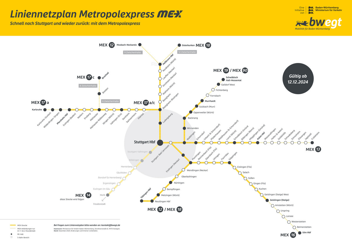 Karte des Metropolexpress-Netzes in Baden-Württemberg. Zuglinien führen von Stuttgart unter anderem nach Pforzheim, Heilbronn, Tübingen, Ulm und Aalen.