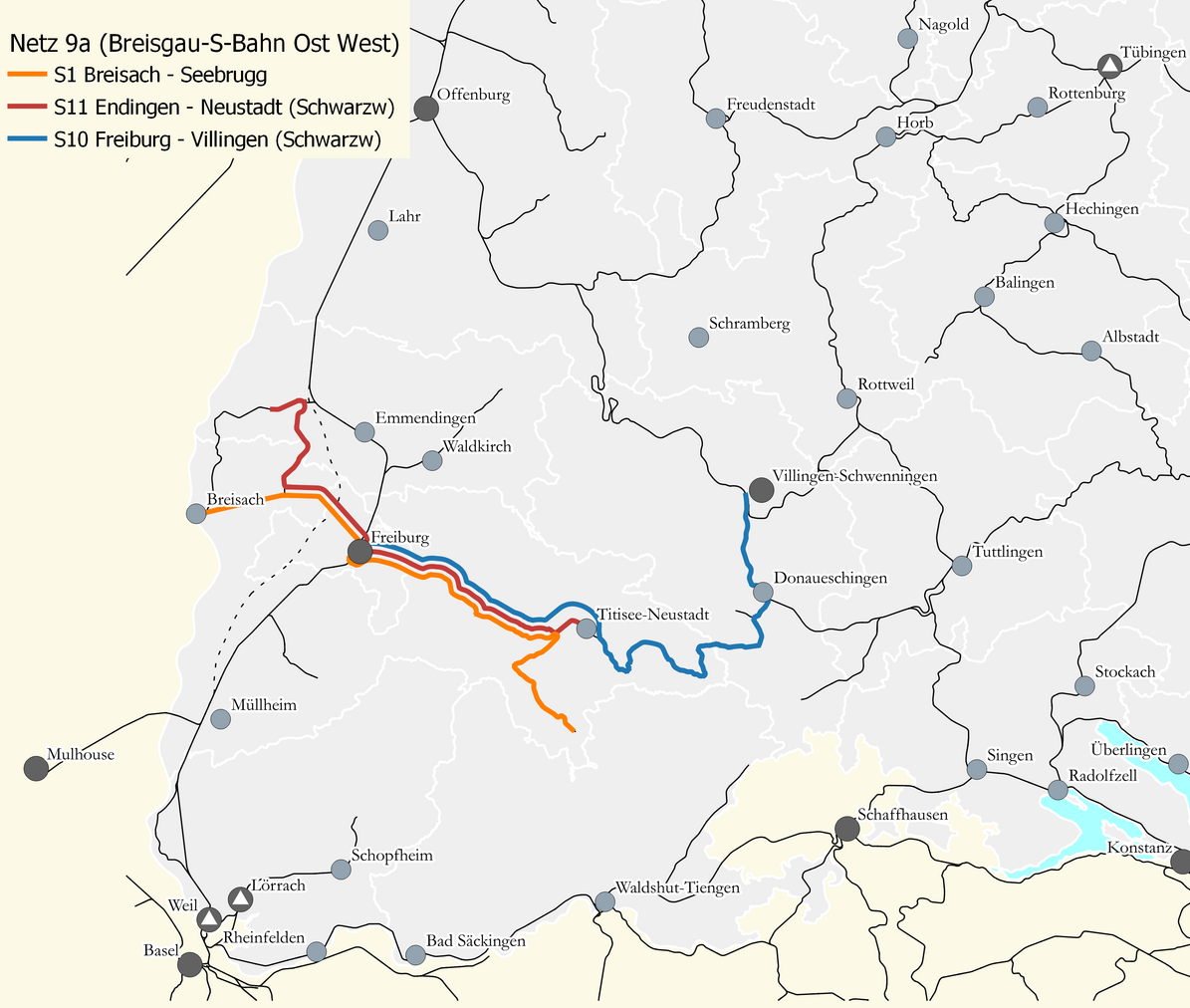 Karte des Netzes 9a Breisgau Ost-West. Eingezeichnet sind die Linien S1 Breisach - Seebrugg, S11 Endingen - Neustadt (Schwarzwald), S10 Freiburg - Villingen (Schwarzwald).