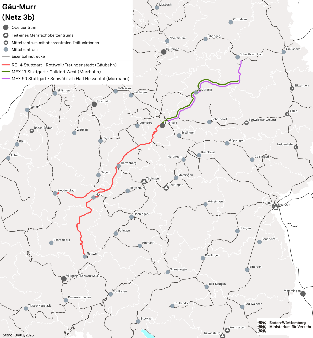 Netzkarte von Netz 3b Gäu-Murr. Die Karte zeigt die MEX-Verkehre auf der Murrbahn zwischen Schwäbisch Hall / Gaildorf West und Stuttgart sowie den RE 14 Rott-weil / Freudenstadt – Stuttgart auf der Gäubahn. 