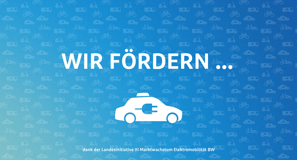 Plakat mit dem Symbol eines Elektro-Taxis. Darüber der Titel: "Wir fördern..."