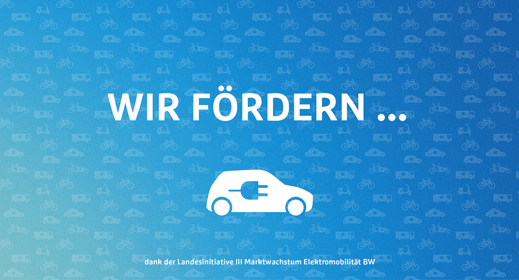 Blauer Hintergrund mit Symbol eines E-Autos. Darüber der Titel: "Wir fördern..."