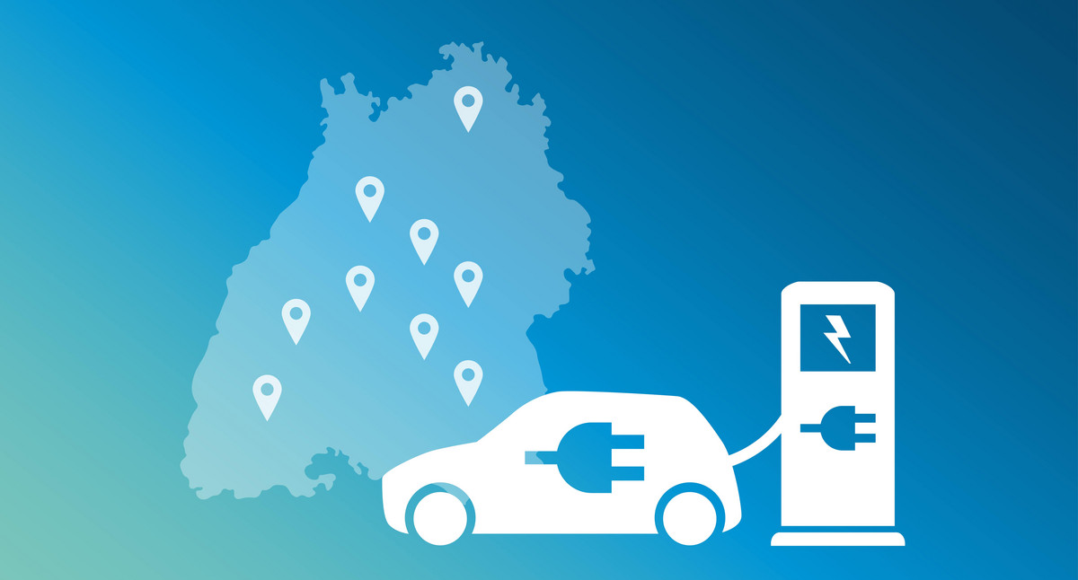 Baden-Württemberg Landkarte mit Pins, E-Auto mit Ladestation