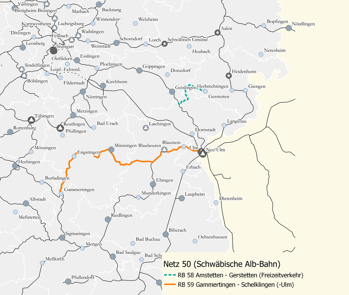 Karte des Netzes 50: Schwäbische Alb-Bahn. Eingezeichnet sind die Linien RB 58 Amstetten (Würrt.) – Gerstetten (Freizeitverkehr) und RB 59 Gammertingen – Schelklingen (– Ulm).