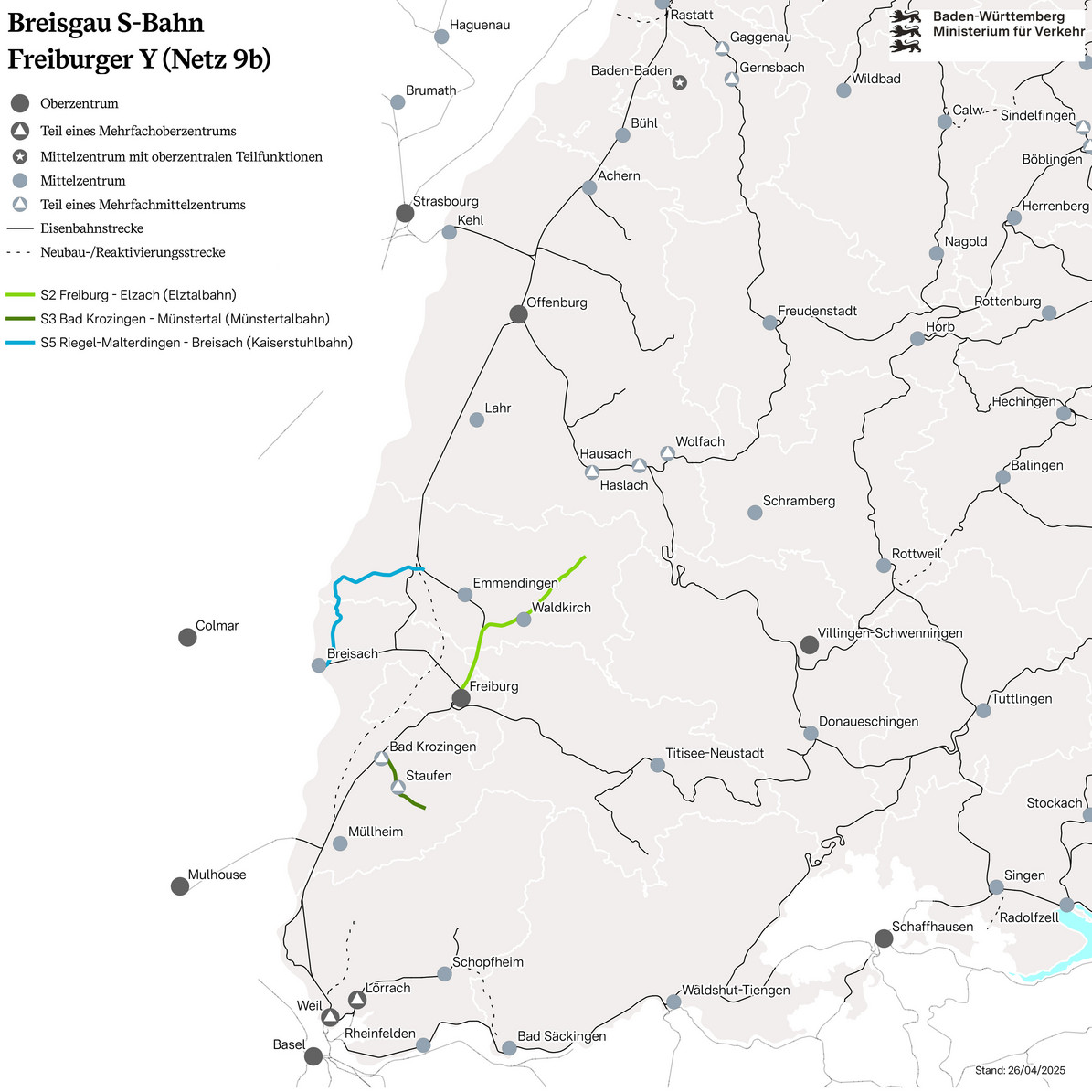 Karte des Netzes 9b Freiburger Y. Eingezeichnet verschiedene Bahnlinien unter anderem nach Freiburg, Elzach, Bad Krozingen, Münstertal und Breisach.