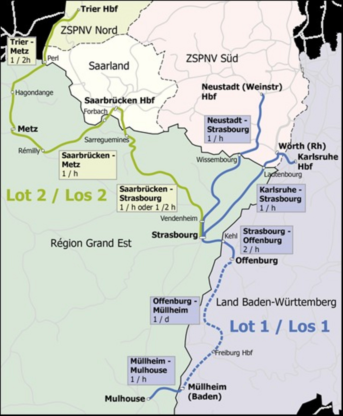 Streckenverlauf der zwei Lose West und Ost des Netzes „Grand Est/Südwest"