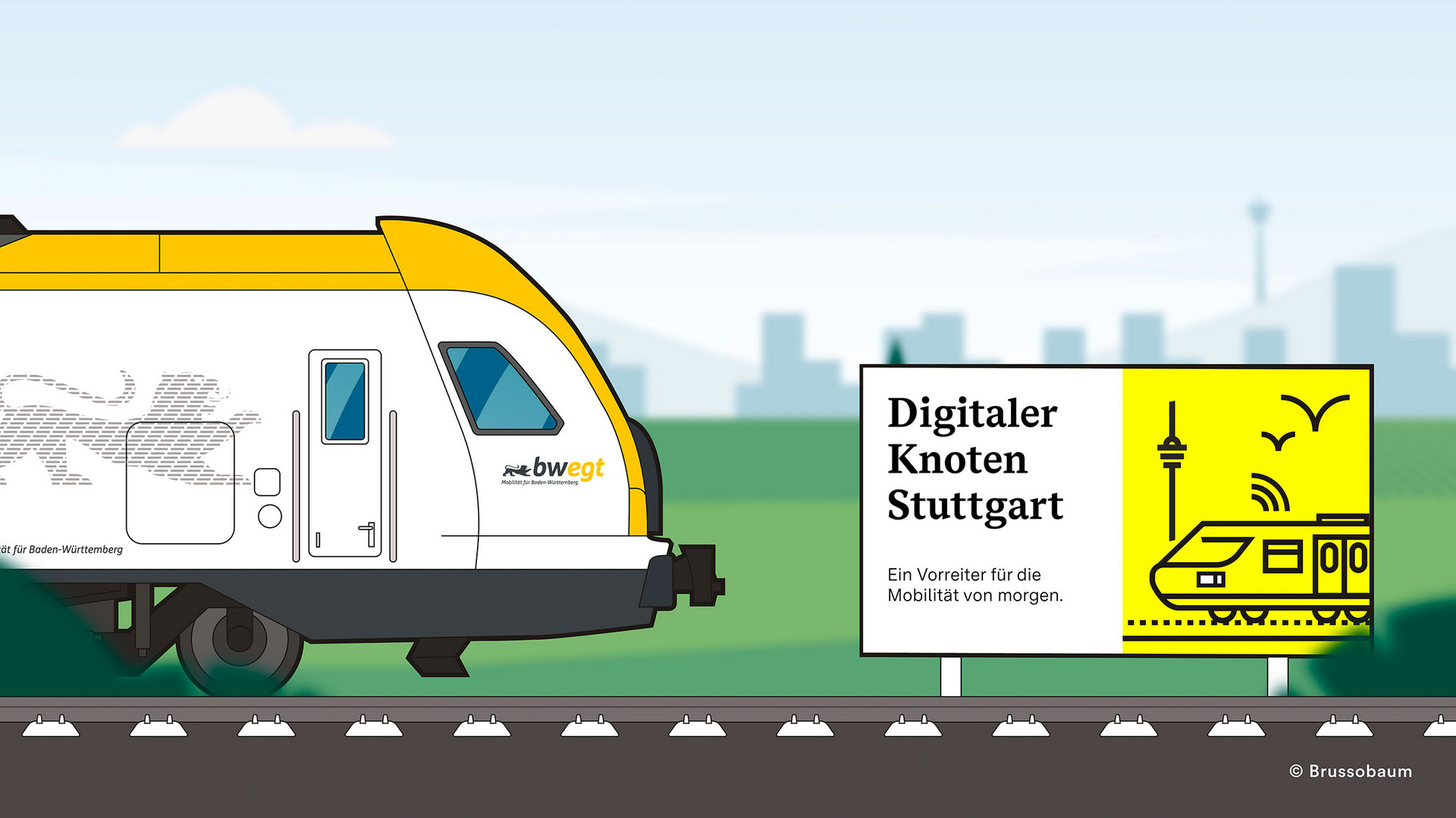 Illustration eines Zuges. Dieser fährt an einem Schild mit der Aufschrift "Digitaler Knoten Stuttgart" vorbei.