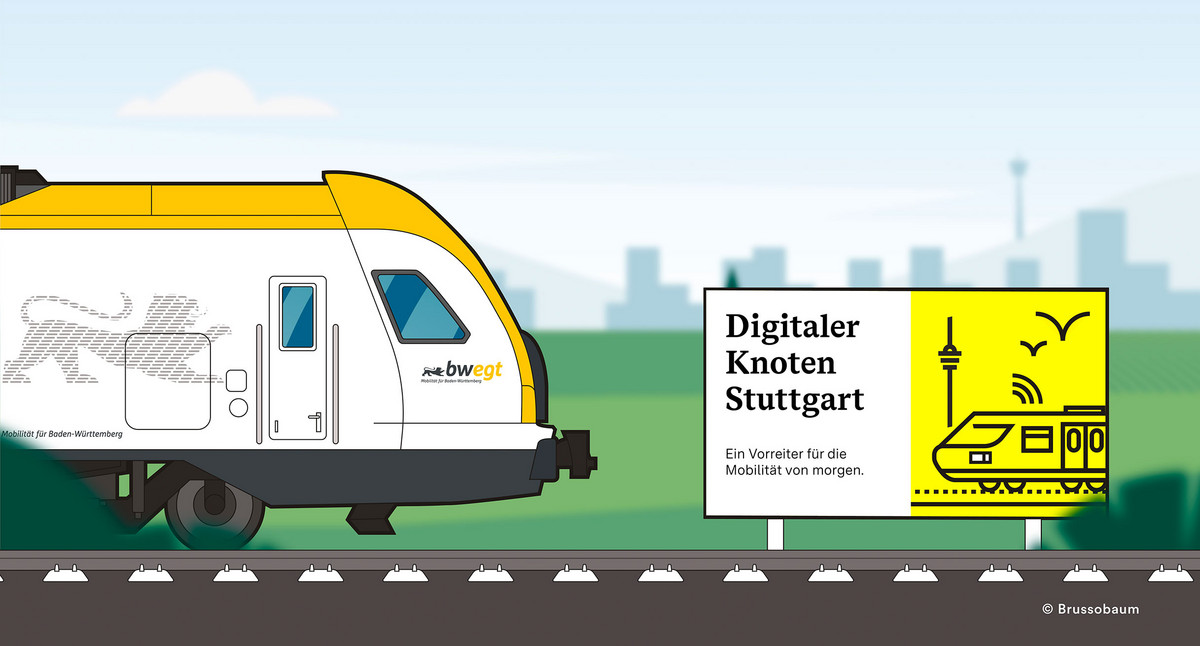 Illustration eines Zuges. Dieser fährt an einem Schild mit der Aufschrift "Digitaler Knoten Stuttgart" vorbei.
