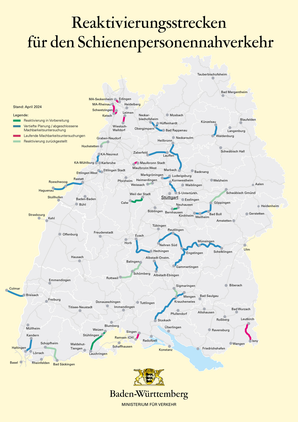 arte von Baden-Württemberg zeigt verschiedene eingezeichnete Bahnstrecken, die reaktiviert werden können. Verschiedene Farben kennzeichnen, welche bereits im Bau sind und bei welchen noch Machbarkeitsstudien durchgeführt werden.