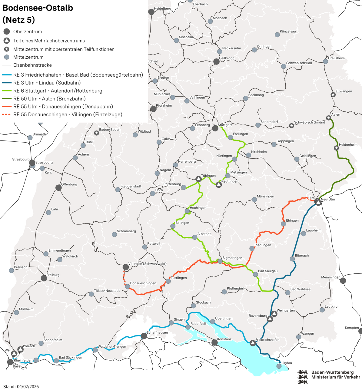 Karte des Netzes 5: Donau Ostalb. Eingezeichnet sind die Linien IRE 3 Friedrichshafen – Aulendorf – Ulm, IRE 3 Friedrichshafen – Singen – Basel, IRE 6 Stuttgart – Aulendorf – Tübingen/Rottenburg, RE 50 Ulm – Heidenheim – Aalen, RE 55 Ulm – Sigmaringen – Donaueschingen (-Villingen).