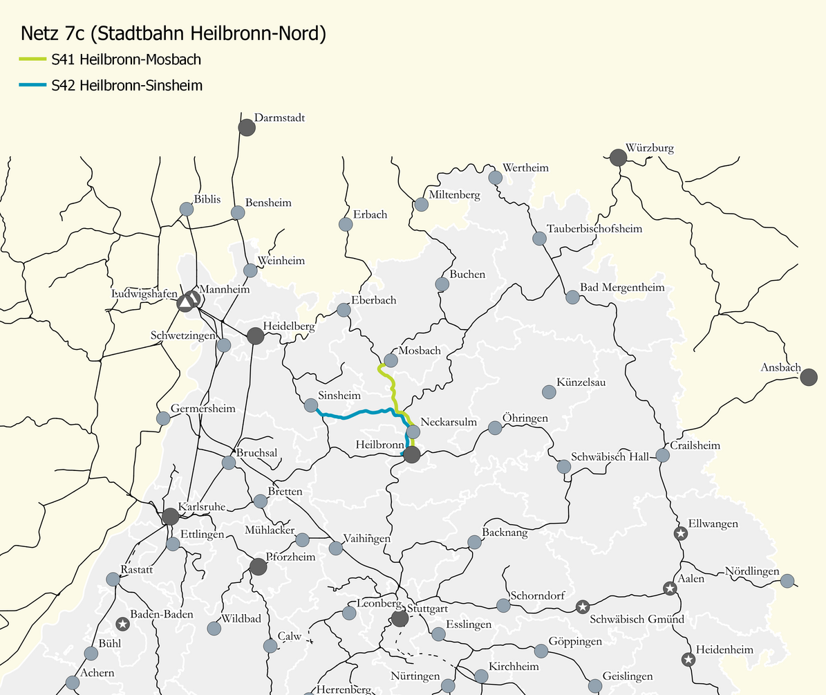 KArte des Netzes 7c: Stadtbahn Heilbronn-Nord. Eingezeichnet sind die Linien S 41 Heilbronn – Mosbach und S 42 Heilbronn – Sinsheim. 