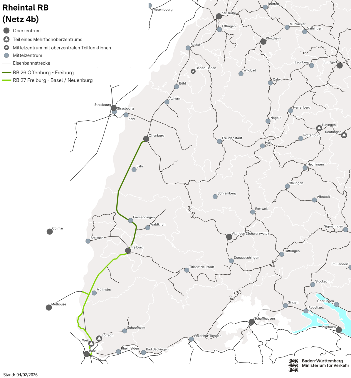 Netzkarte von Netz 4b: Rheintal RB. Eingezeichnet sind die Verbindungen RB 26 von Offenburg über Emmendingen nach Freiburg, sowie der RB 27 von Freiburg über Müllheim nach Basel Bad.