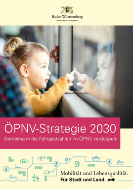 Deckblatt der Bröschüre "ÖPNV-Strategie 2030: Gemeinsam die Fahrgastzahlen verdoppen" des Verkehrsministeriums mit einem Kleinkind im Bus
