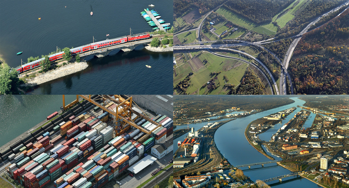 Fotomontage aus vier Luftbildern. Im ersten Bild fährt ein Zug über eine Brücke an einem Seeufer. Das zweite Bild zeigt einen Containerhafen aus der Luft. Das dritte Bild zeigt ein Autobahnkreuz umgeben von Wald. Im vierten Bild schlängelt sich ein großer Fluss durch eine Umgebung mit vielen Industriebetrieben. 