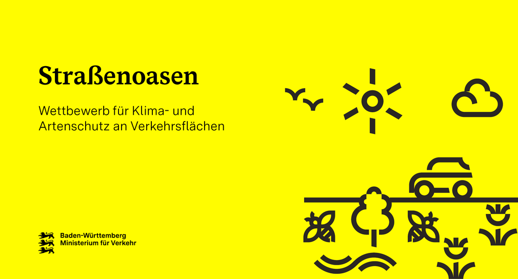 Titelbild des Wettbewerbs "Straßenoase"; Auf einem gelben Hintergrund sind mehrere abstrakte Icons zu sehen: ein Auto, eine Sonne, mehrere Blumen