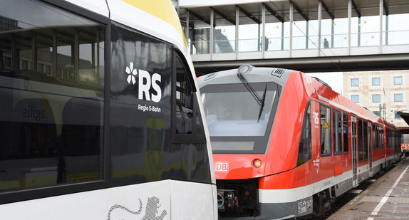 Zwei Züge stehen sich an einem Bahnsteig gegenüber.