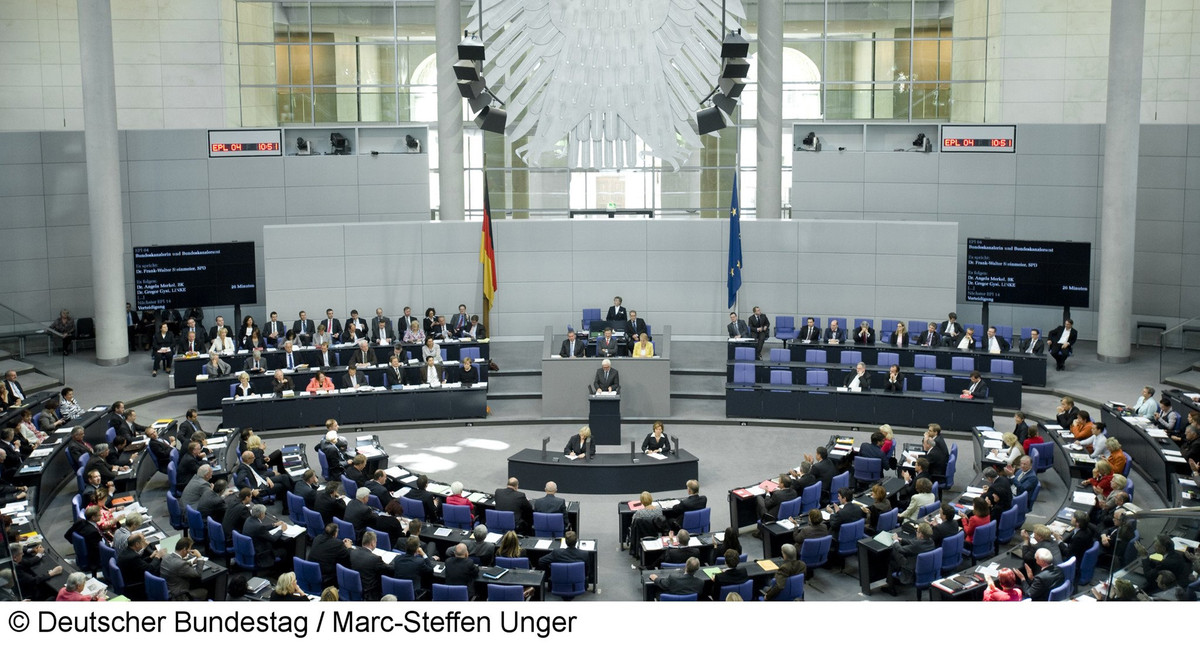 Plenar des Bundestages. Sitzreihen sind voll besetzt. Am Rednerpult steht ein Abgeordneter und hält eine Rede.