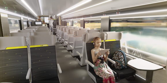 Bahn Neue Doppelstockzüge von Alstom Zugabteil mit zweier Sitzen und einem Gang in der Mitte. Ein Mädchen sitzt und schaut auf ihr Tablet.