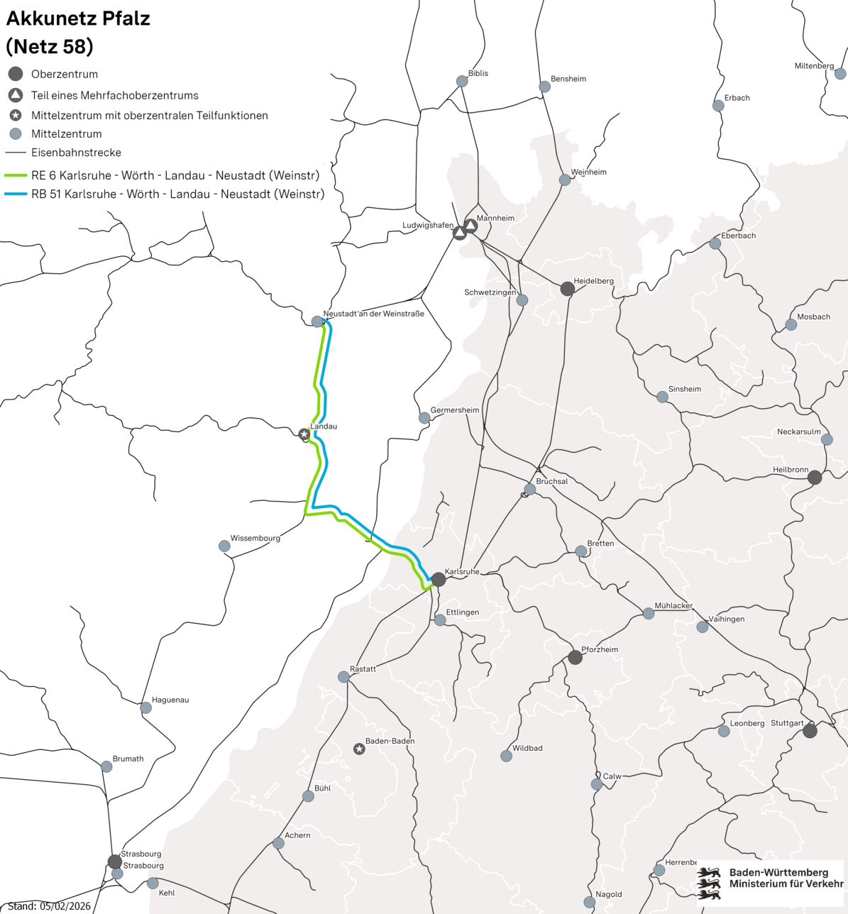 Karte von Baden-Württemberg. Zuglinien führen von Karlsruhe über Wörth nach Neustadt.