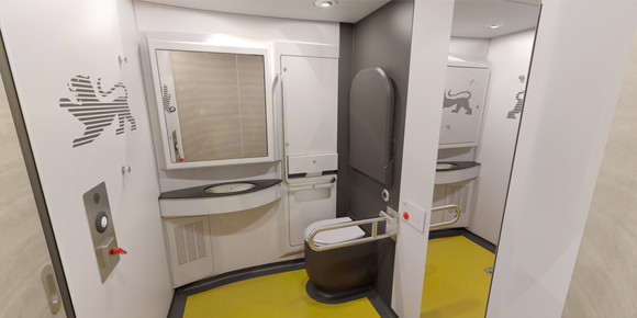 Bahn Neue Doppelstockzüge von Alstom Ebenerdige Toilette in einem Zug.