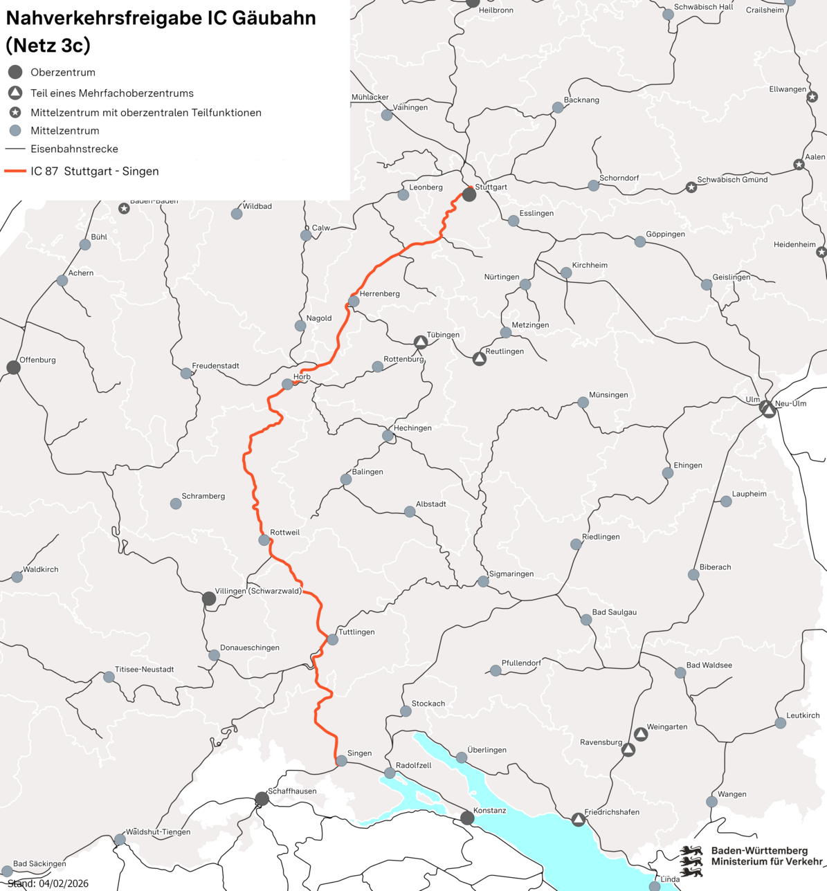 Netzkarte des Netz 3c Nahverkehrsfreigabe Intercity Gäubahn. Auf der Karte ist die Verbindung IC 87 Stuttgart – Singen mit Nahverkehrsintegration als RE eingezeichnet.