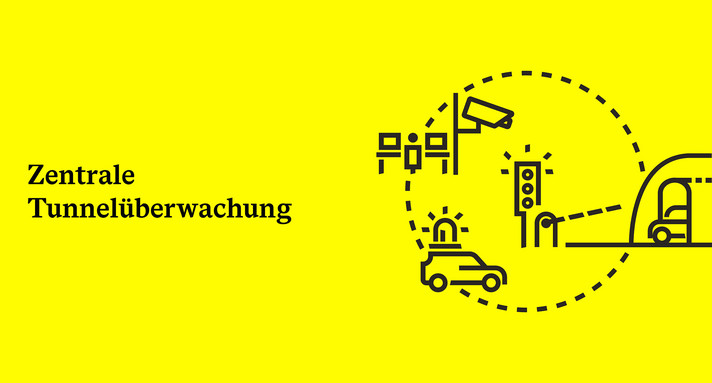 Illustration eines Tunnels. Tunnel wird von Kameras überwacht. Eine Ampel schaltet auf rot um. Ein Rettungsfahrzeug fährt vorbei.