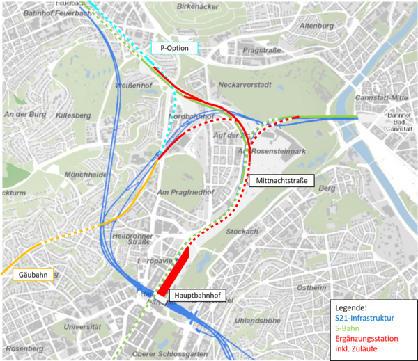 Übersicht über  S21-Infrastruktur, S-Bahn und Ergänzungsstation inkl. Zuläufe