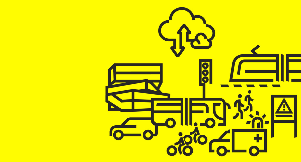 Illustration. Verkehrsmitteln wie Bus und Bahn und Autos senden Daten in Heilbronn in eine Cloud.
