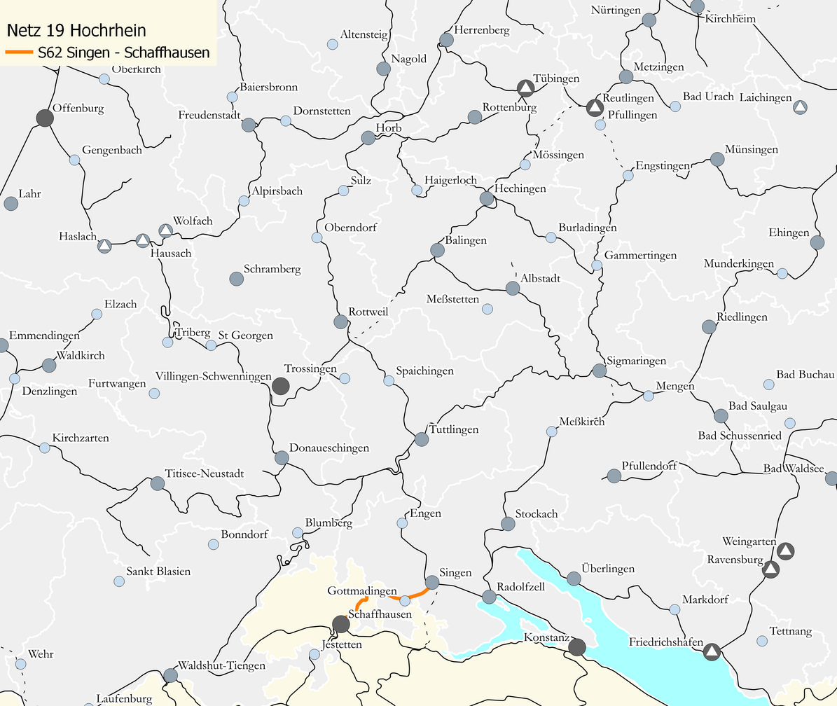 Karte des Netzes 19: Hochrhein. Eingezeichnet ist die Linie S62 Singen – Schaffhausen. 