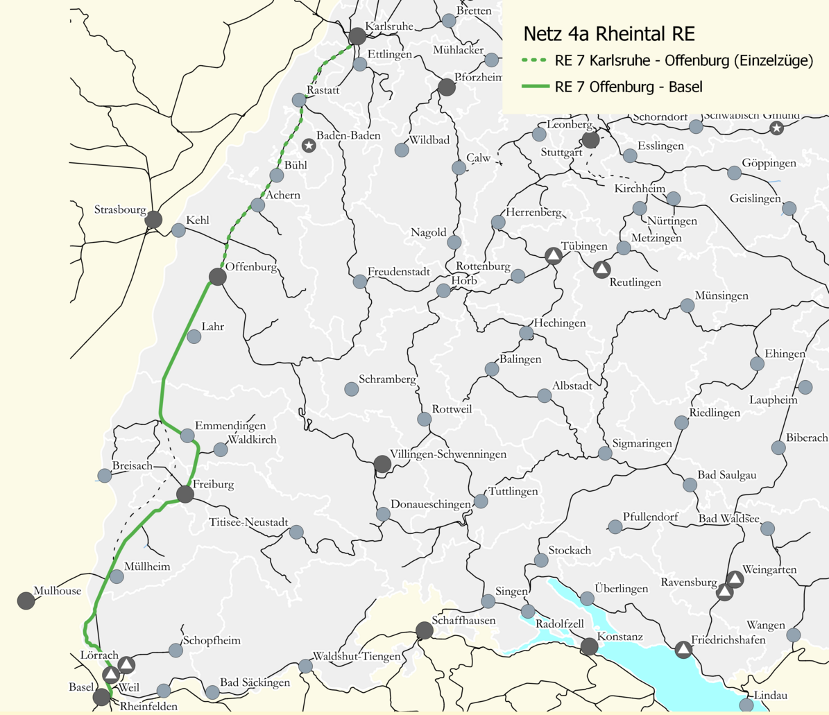 Eine Netzkarte von Netz 4a: Rheintal RE. Eingezeichnet sind die Verbindungen R7 Karlsruhe - Offenburg, sowie R7 Offenburg Basel.