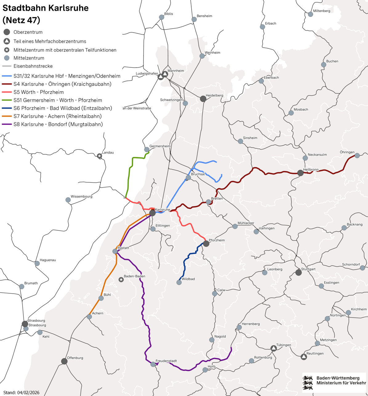 Karte des Netzes 47: Stadtbahn Karlsruhe. Eingezeichnet sind 7 Linien in Karlsruhe und Umgebung.