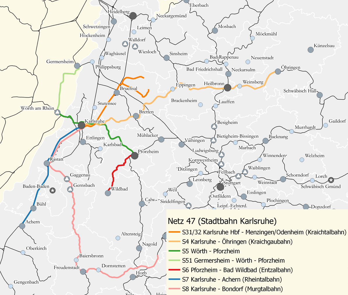 Karte des Netzes 47: Stadtbahn Karlsruhe. Eingezeichnet sind 7 Linien in Karlsruhe und Umgebung.