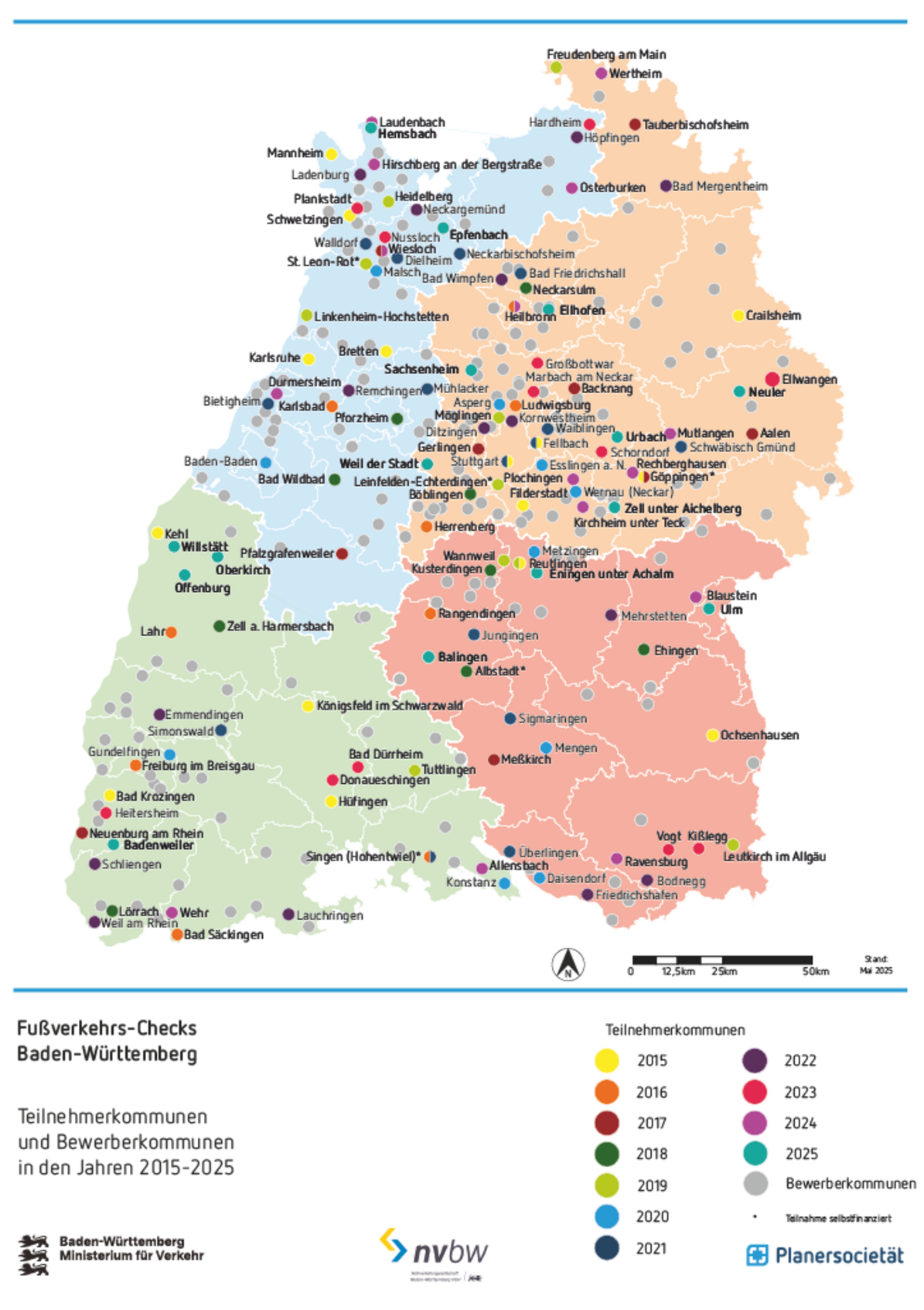 Karte mit den Teilnehmer- und Bewerberkommunen der Fußverkehrs-Checks Baden-Württemberg von 2015 bis 2025