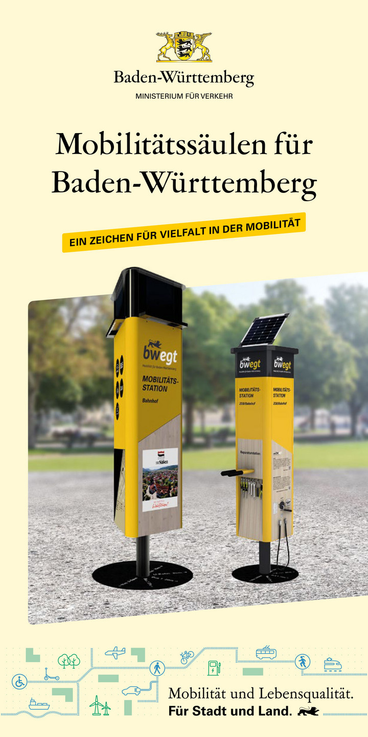 Titelblatt des Flyers Mobilit&auml;tss&auml;ulen mit einer gelb schwarzen Informationss&auml;ule.