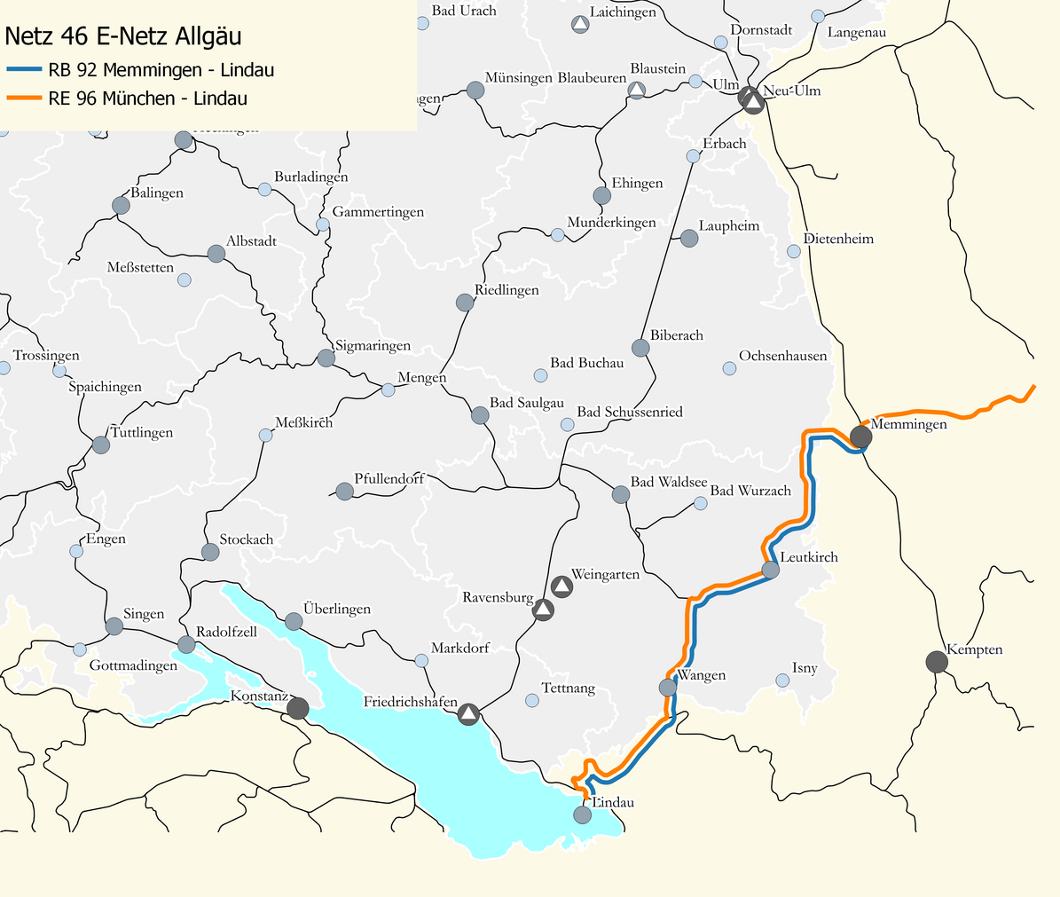 Karte des Netzes 46: Eingezeichnet sind die Verbindungen RB 92 Memmingen – Lindau und RE 96 München – Lindau.