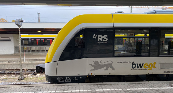 Zwei Züge stehen sich an einem Bahnsteig gegenüber.