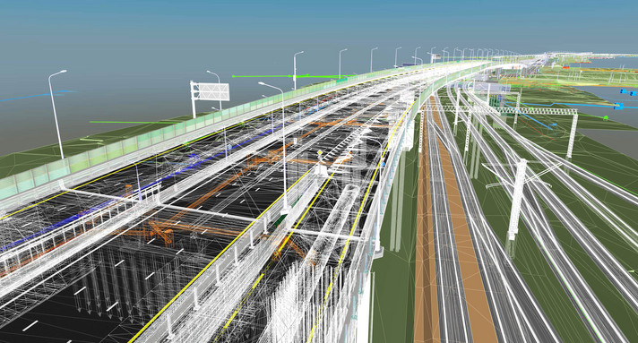 Computeranimation einer Brücke und Straße mit Datenpunkten für Ingenieure.