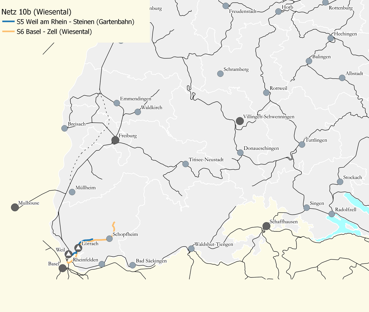 Karte des Netzes 10b: Wiesental. Eingezeichnet sind die Linien S5 Wheil am Rhein - Steinen (Gartenbahn) und die Linie S6 Basel - Zell (Wiesental). 
