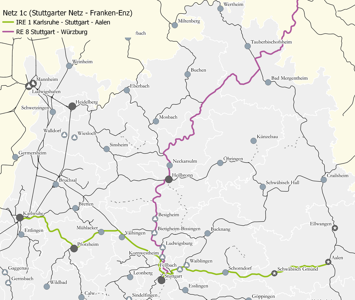 Baden-Württemberg Karte mit Bahnlinien des Stuttgart netzes Franken-Enz in Richtung Karlsruhe, Aalen, Würzburg und Stuttgart.