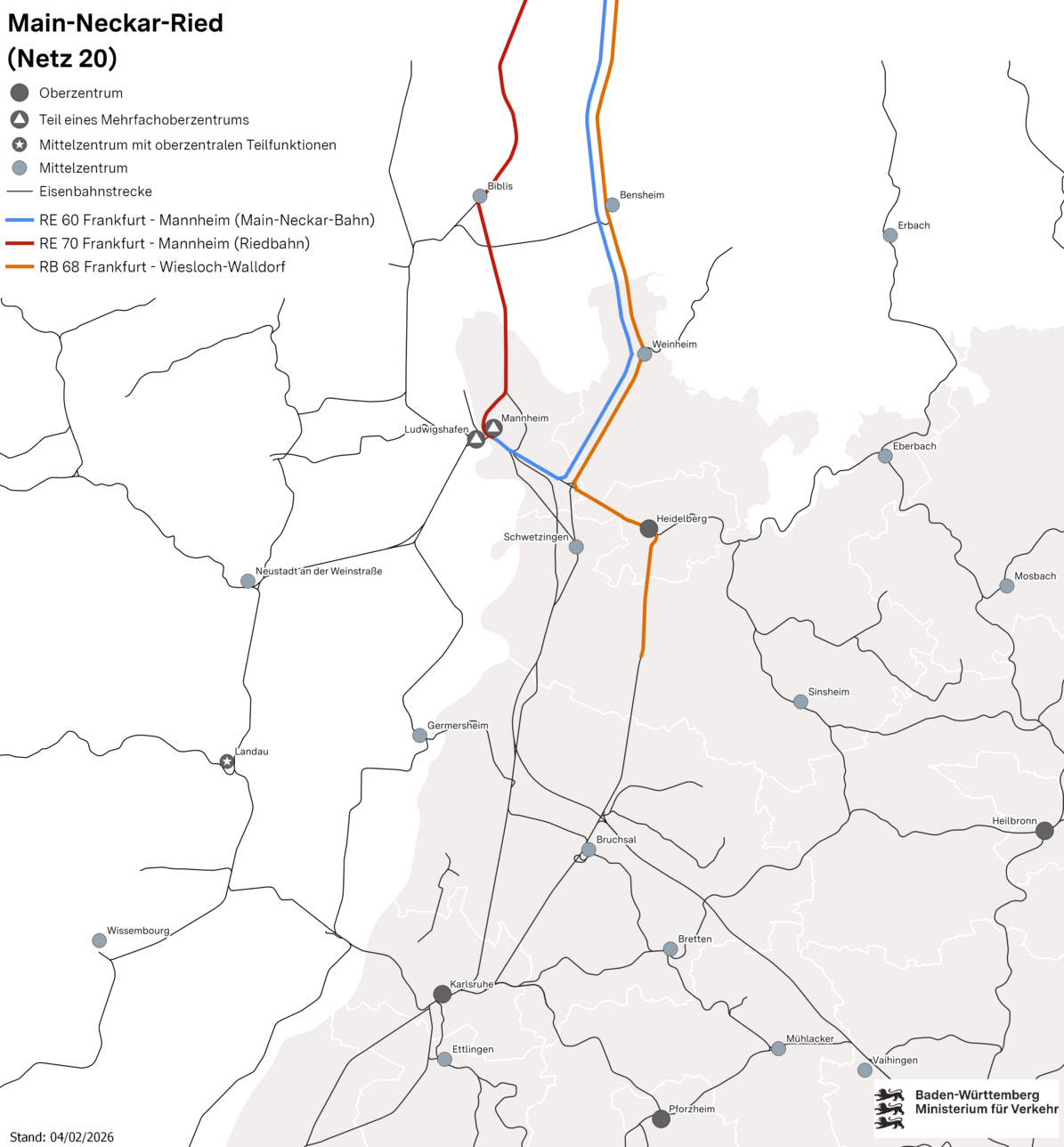 Karte des Netzes 20: Main-Neckar-Ried. Eingezeichnet sind die Linien RB 67 Frankfurt – Neu-Endingen/Friedrichsfeld – Schwetzingen, RB 68 Frankfurt – Neu-Endingen/Friedrichsfeld – Wiesloch-Walldorf RE 60, Frankfurt – Darmstadt – Mannheim, RE 70 Frankfurt – Biblis – Mannheim.