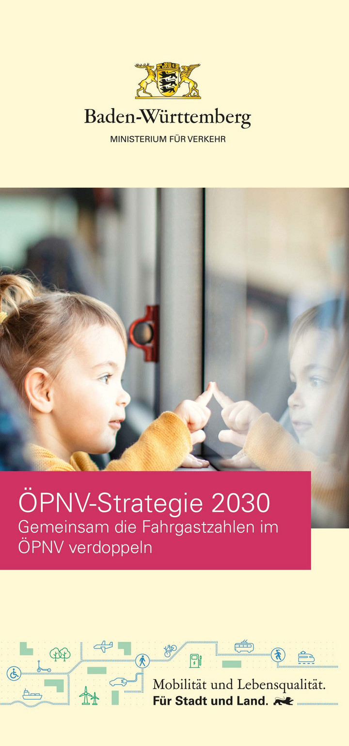 Deckblatt des Flyers"&Ouml;PNV-Strategie 2030: Gemeinsam die Fahrgastzahlen verdoppen" des Verkehrsministeriums mit einem Kleinkind im Bus
