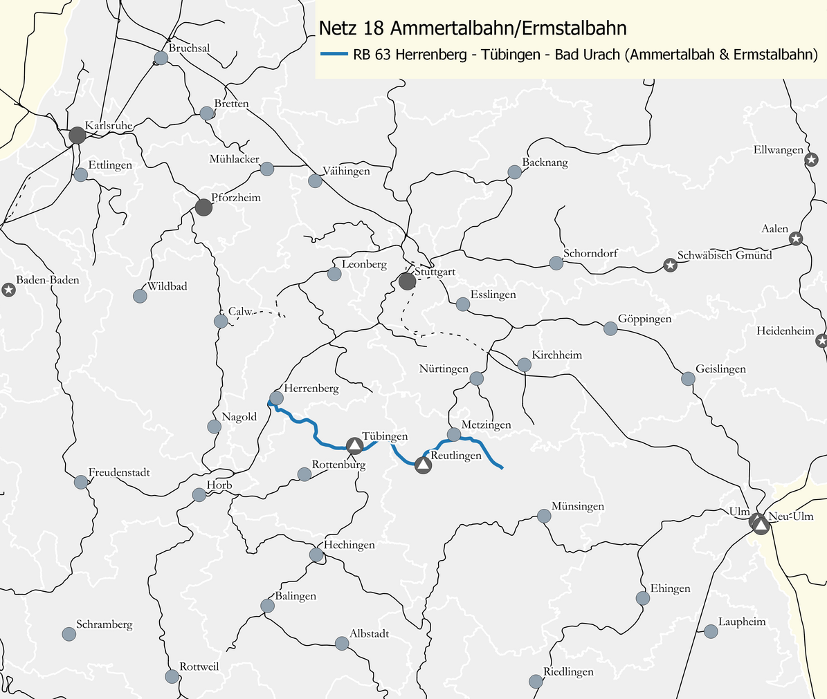 Karte des Netzes 18. Eingezeichnet ist die Linie RB 63 Herrenberg – Tübingen – Bad Urach .