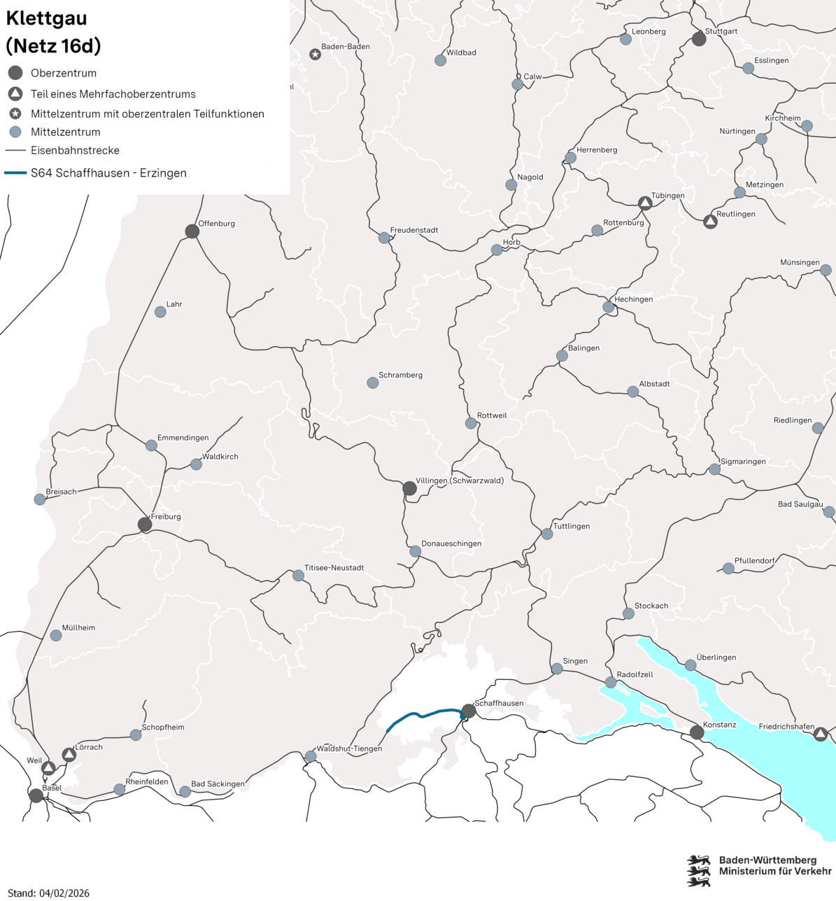 Karte des Netzes 16d. Eingezeichnet ist die Linie S64 Erzingen (Baden) – Schaffhausen.