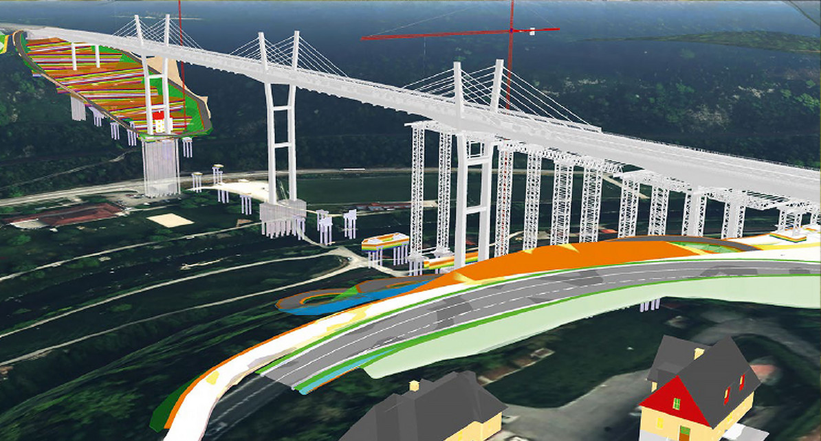 3D Animation einer mehrspurigen Brücke über ein Tal.
